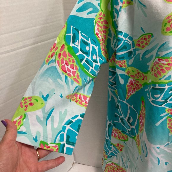 Ana Clare Resort Wear Top 3/4 sleeve soft stretchy turtle print turquoise L - Picture 4 of 6
